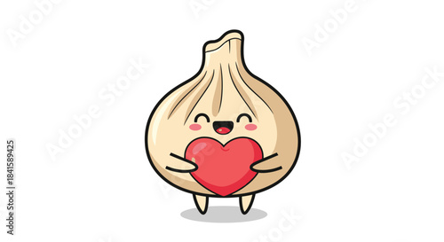Adorable cartoon garlic character with a happy face and blushing cheeks hugging a large red heart representing a love for cooking.