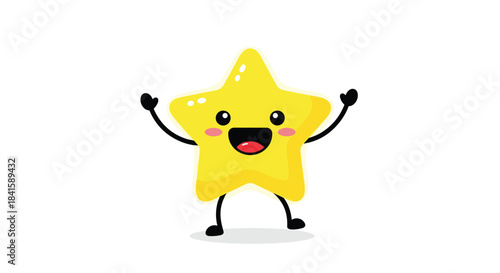 Adorable and shiny yellow star character with a big happy smile and rosy cheeks jumping for joy with its arms raised in the air.