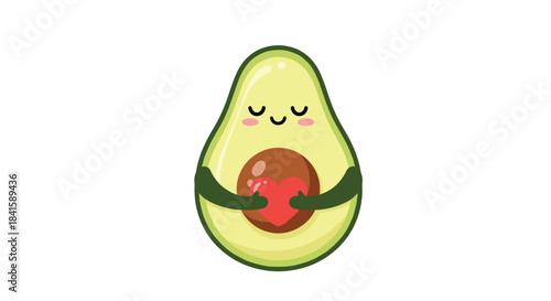 Adorable avocado character with a peaceful expression hugging its seed which is shaped like a red heart representing self-love and health.