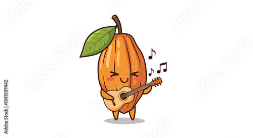 Charming cacao pod character with a green leaf playing a small acoustic guitar and singing happily with musical notes in the air.