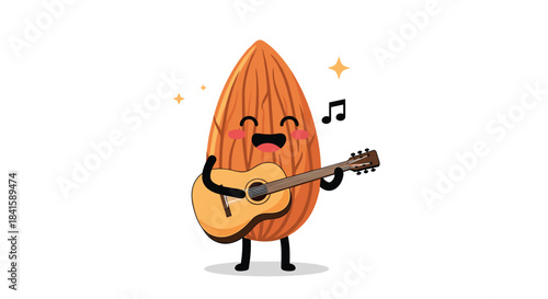 Cute almond nut character with a happy expression playing an acoustic guitar and singing along with a musical note floating nearby.
