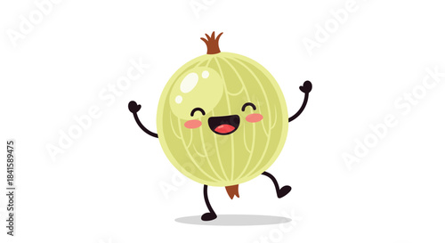 Joyful gooseberry fruit character with a big open-mouthed smile and rosy cheeks dancing happily on an isolated white background.
