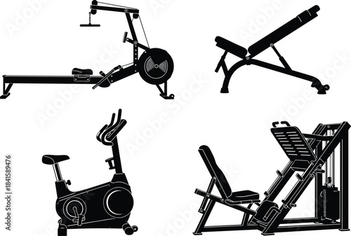 Black and White Fitness and Gym Equipment Vector Illustration Set, Including Rowing Machine, Adjustable Bench, Exercise Bike, and Leg Press, for Strength and Cardio Workout Graphics 