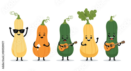 Fun group of butternut squash and zucchini characters in a band with some playing guitar while others are eating and looking cool.