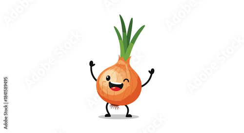 Cheerful brown onion character with green sprouts winking and smiling with its arms raised in a happy and friendly gesture.