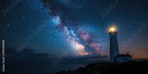 A lighthouse against contrasting space backgrounds used as a visual backdrop for graphic design projects