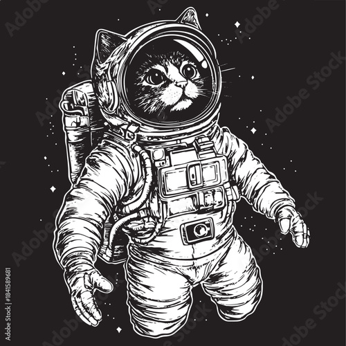 Cat astronaut spaceman in space sketch engraving vector illustration. Tee shirt apparel print design. Scratch board style imitation. Black and white hand drawn image.