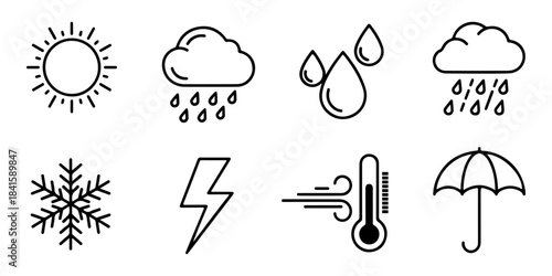 Collection of weather forecast icons including sun, rain, snowflake, storm, wind, thermometer, and umbrella