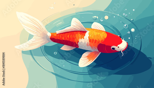 A vibrant orange and white koi fish gracefully swimming in clear blue water with gentle ripples and bubbles.
