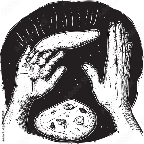 Pizza dough flying and pizzaiolo hands sketch engraving vector illustration. Pizza cooking metaphor. Tee shirt apparel print design. Scratch board style imitation. Hand drawn image.