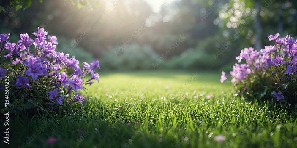 Naklejka premium Delicate purple flowers scattered in grass, ideal for layout backgrounds in editorial or creative projects