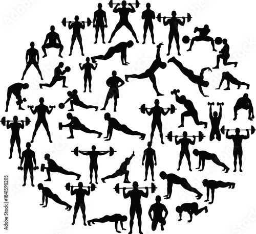 Dynamic Fitness Silhouettes Collection Featuring Diverse Workout Exercises Including Weightlifting Squats Lunges Pushups and Athletic Training for Sports Health and Wellness in a Circular Logo Design