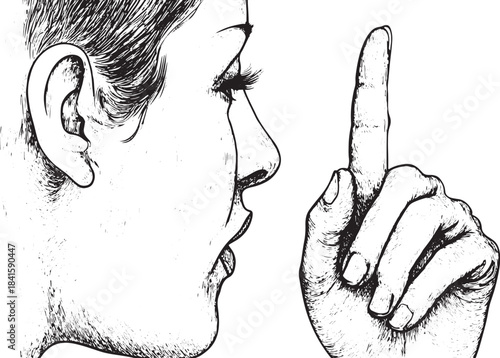 Whisper with hand near mouth to ear sketch line art engraving vector illustration. Scratch board style imitation. Black and white hand drawn image.