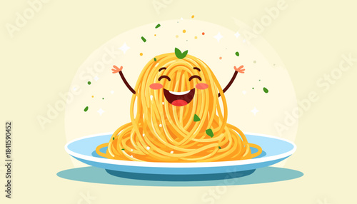A happy cartoon spaghetti character with a smiling face and raised arms on a blue plate, sprinkled with herbs.