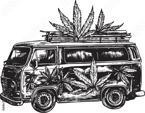Minibus van with weed cannabis leaf color sketch engraving vector illustration. Scratch board style imitation. Black and white hand drawn image.