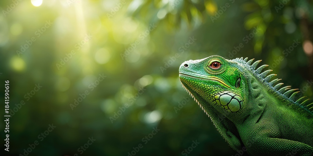 Fototapeta premium Green iguana basking on a rock, natural habitat and reptile behavior, Earth Day