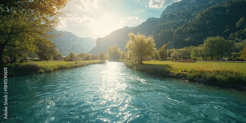 Fototapeta Naklejka Na Ścianę i Meble -  Scenic river scene with clear water and surrounding trees during warm summer weather, suitable for travel and outdoor activities