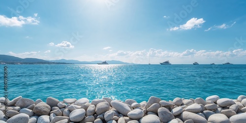 Fototapeta Naklejka Na Ścianę i Meble -  Sea stones and photo with ships and boats in background, beach scene natural materials for travel decor