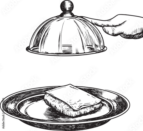 Dish plate with cloche and invisible food sketch engraving vector illustration. Scratch board style imitation. Black and white hand drawn image.