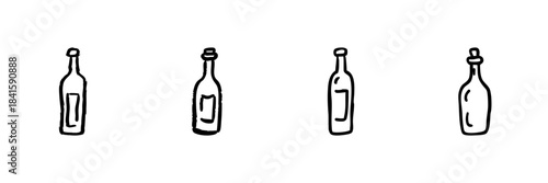 Four Wine Bottles Line Icon Set In Doodle Style. Beverage Packaging, Wine Tasting, And Alcoholic Drink Representation Outline Sketch Collection. Hand Drawn Isolated Vector Illustration