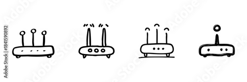 Wi-Fi Router Line Icon Set In Doodle Style. Wireless Internet Connectivity And Network Signal Strength Outline Sketch Collection. Hand Drawn Isolated Vector Illustration