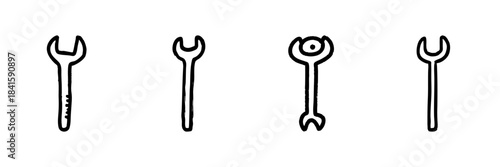 Wrench Tool Line Icon Set In Doodle Style. Mechanical Repair And Maintenance Outline Sketch Collection. Hand Drawn Isolated Vector Illustration
