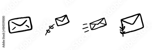 Envelope Icons Line Set In Doodle Style. Email Communication, Message Sending, And Postal Service Outline Sketch Collection. Hand Drawn Isolated Vector Illustration
