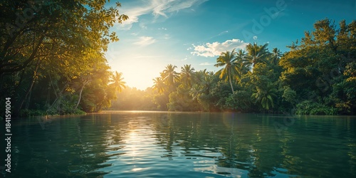 River scene bathed in afternoon sun among Bay Mau Coconut Jungle, suitable as a nature background, Earth Day