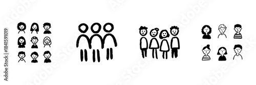 Diverse Group Of People Line Icon Set In Doodle Style. Community, Teamwork, And Social Interaction Outline Sketch Collection. Hand Drawn Isolated Vector Illustration