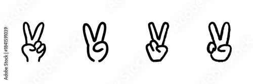 Peace Hand Gesture Line Icon Set In Doodle Style. Victory And Positivity Symbol Outline Sketch Collection. Hand Drawn Isolated Vector Illustration