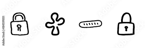 Padlock And Password Line Icon Set In Doodle Style. Security, Privacy, And Access Control Outline Sketch Collection. Cybersecurity And Data Protection Symbol. Hand Drawn Isolated Vector Illustration