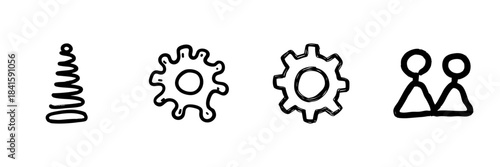 Spring, Virus, Gear, And People Line Icon Set In Doodle Style. Mechanical Tension, Biological Threat, Engineering, And Social Interaction Outline Sketch. Hand Drawn Isolated Vector Illustration
