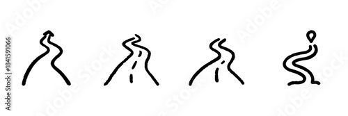 Curved Road And Pathway Line Icon Set In Doodle Style. Journey, Navigation, And Travel Route Outline Sketch Collection. Direction And Adventure Symbols. Hand Drawn Isolated Vector Illustration
