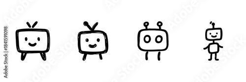 Cute Robot And Tv Character Line Icon Set In Doodle Style. Playful Technology And Entertainment Outline Sketch Collection. Hand Drawn Isolated Vector Illustration
