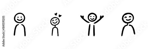 Stick Figure Emotions Line Icon Set In Doodle Style. Happiness, Love, Joy, And Contentment Expression Outline Sketch Collection. Hand Drawn Isolated Vector Illustration