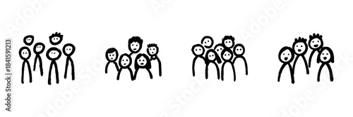 Groups Of People Line Icon Set In Doodle Style. Community, Teamwork, And Social Interaction Outline Sketch Collection. Hand Drawn Isolated Vector Illustration