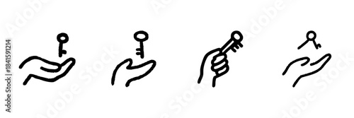 Hand Holding Key Line Icon Set In Doodle Style. Security, Access, And Ownership Symbol Outline Sketch Collection. Real Estate And Key Management Concept. Hand Drawn Isolated Vector Illustration