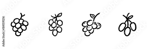 Grapes Line Icon Set In Doodle Style. Fruit Symbolizing Abundance, Health, And Wine Production Outline Sketch Collection. Hand Drawn Isolated Vector Illustration