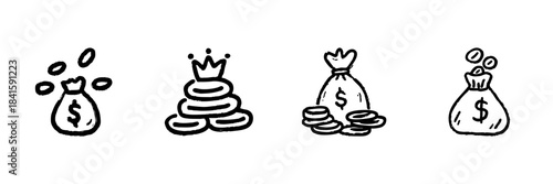 Money Bags And Coins Line Icon Set In Doodle Style. Wealth Accumulation, Financial Success, And Investment Growth Outline Sketch Collection. Hand Drawn Isolated Vector Illustration