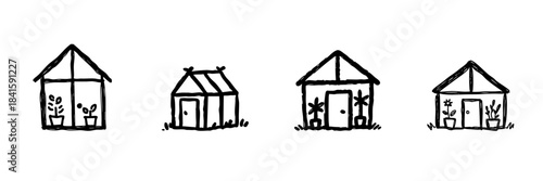 Greenhouse And Garden Shed Line Icon Set In Doodle Style. Plant Cultivation And Home Gardening Outline Sketch Collection. Eco-Friendly And Sustainable Living. Hand Drawn Isolated Vector Illustration