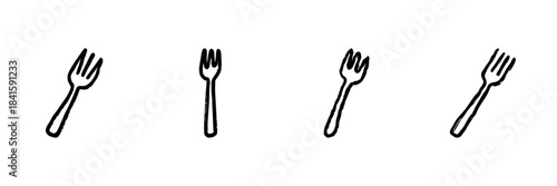 Four Fork Line Icon Set In Doodle Style. Dining Utensils And Culinary Tools Outline Sketch Collection. Kitchenware And Table Setting Elements. Hand Drawn Isolated Vector Illustration