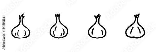 Four Garlic Bulbs Line Icon Set In Doodle Style. Culinary Ingredient, Flavor Enhancement, And Cooking Spice Outline Sketch Collection. Hand Drawn Isolated Vector Illustration