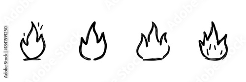 Fire Flame Line Icon Set In Doodle Style. Heat, Energy, And Passion Symbol Outline Sketch Collection. Hand Drawn Isolated Vector Illustration
