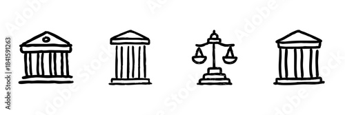 Justice Scale Line Icon Set In Doodle Style. Legal System, Law, And Judiciary Symbols Outline Sketch Collection. Hand Drawn Isolated Vector Illustration