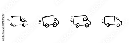 Delivery Van Line Icon Set In Doodle Style. Fast Shipping, Logistics, And Transportation Outline Sketch Collection. Express Courier Service. Hand Drawn Isolated Vector Illustration