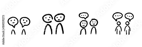 Two People Communicating Line Icon Set In Doodle Style. Social Interaction, Conversation, And Dialogue Outline Sketch Collection. Hand Drawn Isolated Vector Illustration