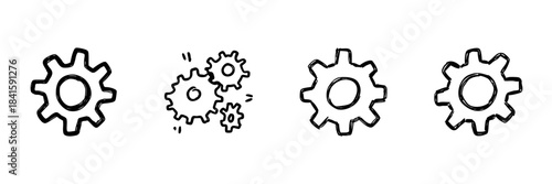 Gears And Cogs Line Icon Set In Doodle Style. Mechanical Engineering, Process Optimization, And System Configuration Outline Sketch Collection. Hand Drawn Isolated Vector Illustration