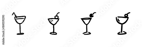 Cocktail Glasses Line Icon Set In Doodle Style. Beverage And Mixology Outline Sketch Collection. Party And Celebration Symbols. Hand Drawn Isolated Vector Illustration