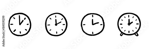 Clocks Line Icon Set In Doodle Style. Time Management, Scheduling, And Punctuality Outline Sketch Collection. Hand Drawn Isolated Vector Illustration