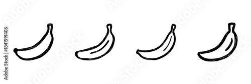Four Bananas Line Icon Set In Doodle Style. Fruit Variety And Healthy Eating Outline Sketch Collection. Nutrition And Diet Symbol. Hand Drawn Isolated Vector Illustration